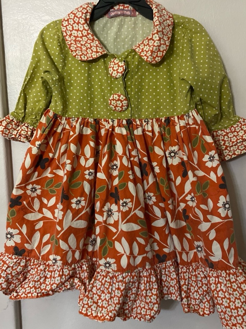 Jelly The Pug Green and Orange Floral Cotton Kids Dress